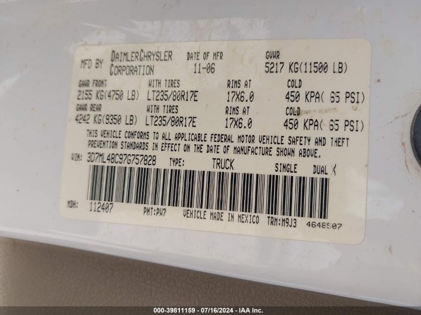 2007 Dodge Ram 3500 Slt/Sport VIN: 3D7ML48C97G757828 Lot: 39811159