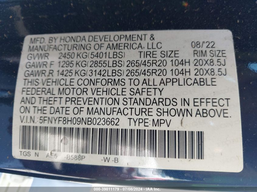 2022 Honda Passport Awd Elite VIN: 5FNYF8H09NB023662 Lot: 39811179