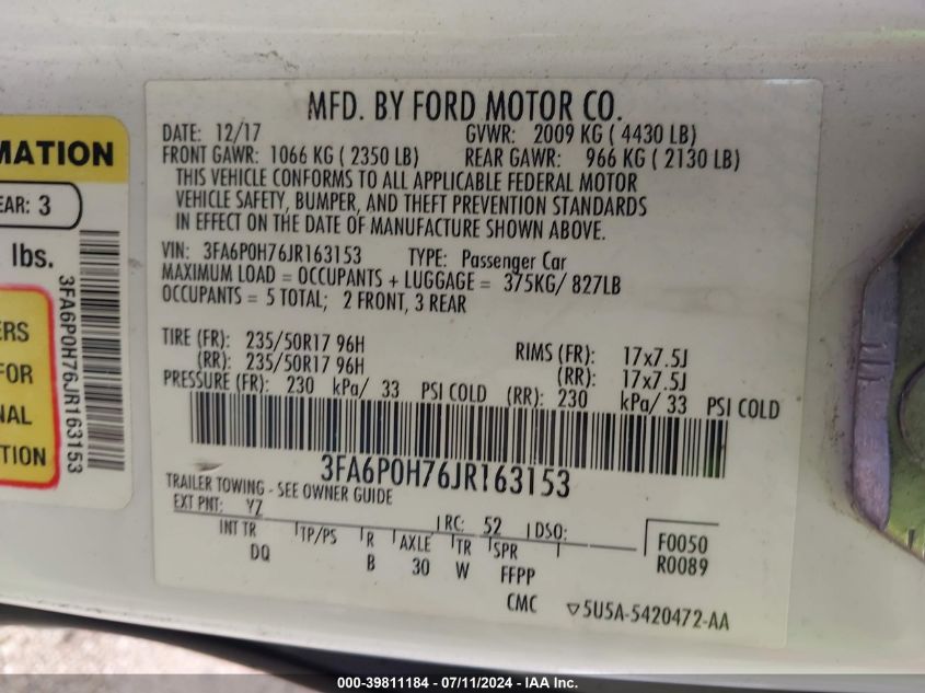 2018 Ford Fusion Se VIN: 3FA6P0H76JR163153 Lot: 39811184