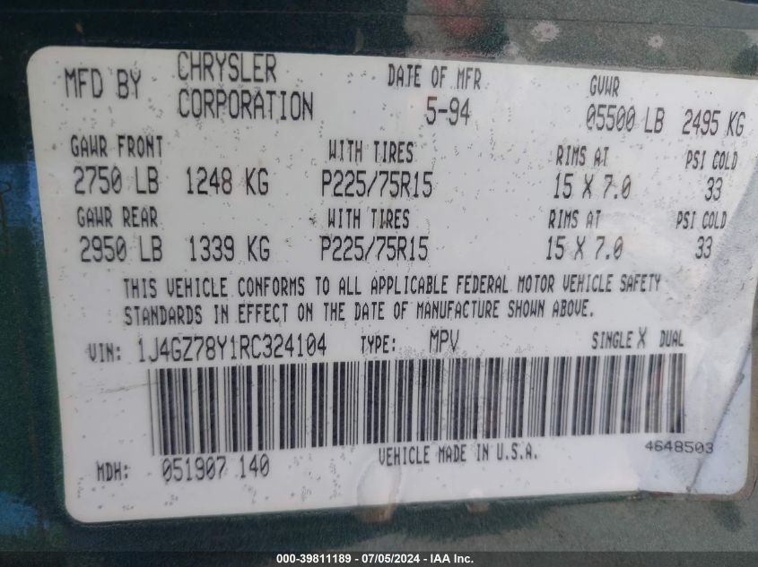 1994 Jeep Grand Cherokee Limited VIN: 1J4GZ78Y1RC324104 Lot: 39811189