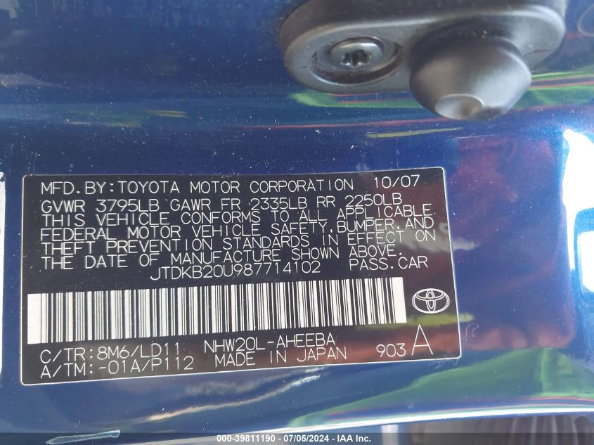 2008 Toyota Prius Touring VIN: JTDKB20U987714102 Lot: 39811190