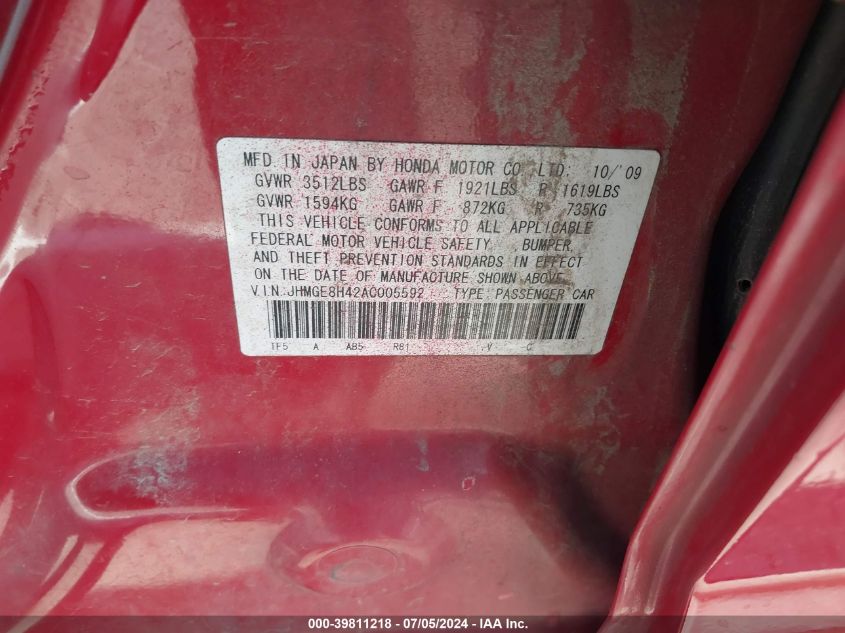 2010 Honda Fit Sport VIN: JHMGE8H42AC005592 Lot: 39811218