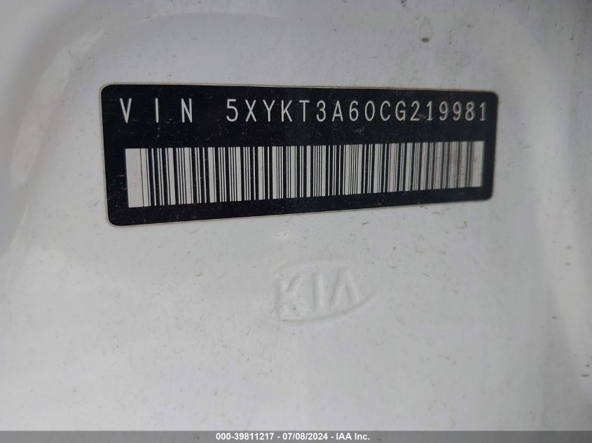 2012 Kia Sorento Lx VIN: 5XYKT3A60CG2199 Lot: 39811217