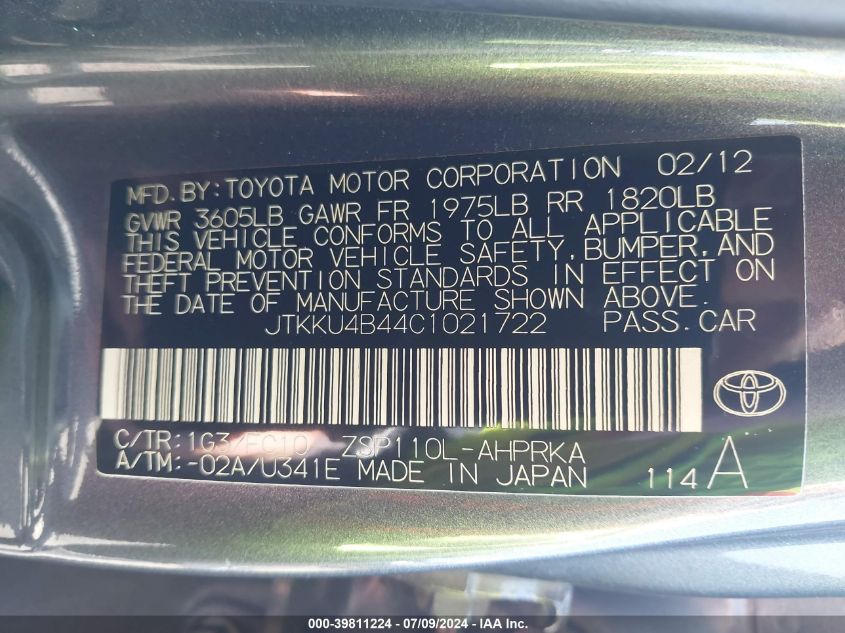 2012 Scion Xd VIN: JTKKU4B44C1021722 Lot: 39811224