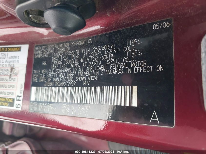 2006 Toyota 4Runner Limited V6 VIN: JTEBU17R268072959 Lot: 39811229