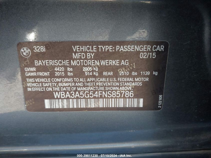 2015 BMW 328I I VIN: WBA3A5G54FNS85786 Lot: 39811230