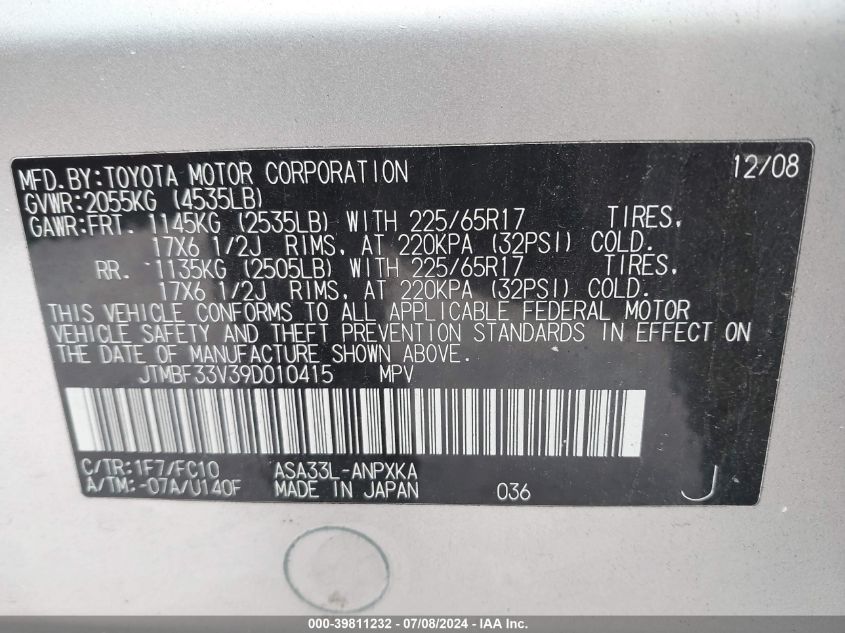 2009 Toyota Rav4 VIN: JTMBF33V39D010415 Lot: 39811232