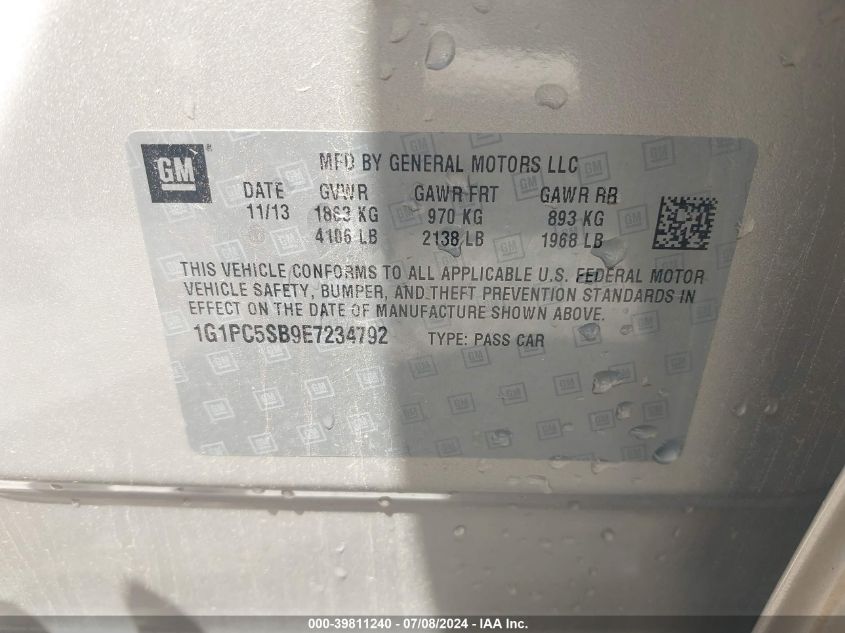 2014 Chevrolet Cruze Lt VIN: 1G1PC5SB9E7234792 Lot: 39811240