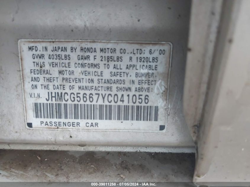 2000 Honda Accord 2.3 Ex VIN: JHMCG5667YC041056 Lot: 39811258