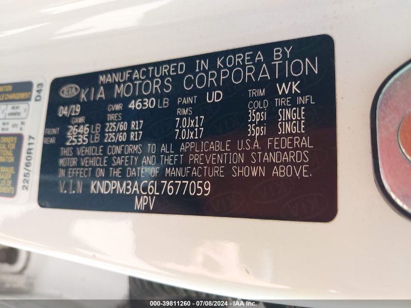 2020 Kia Sportage Lx VIN: KNDPM3AC6L7677059 Lot: 39811260