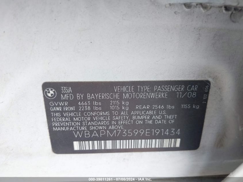 2009 BMW 335I VIN: WBAPM73599E191434 Lot: 39811261