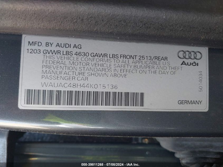 2004 Audi A4 1.8T VIN: WAUAC48H44K015136 Lot: 39811268