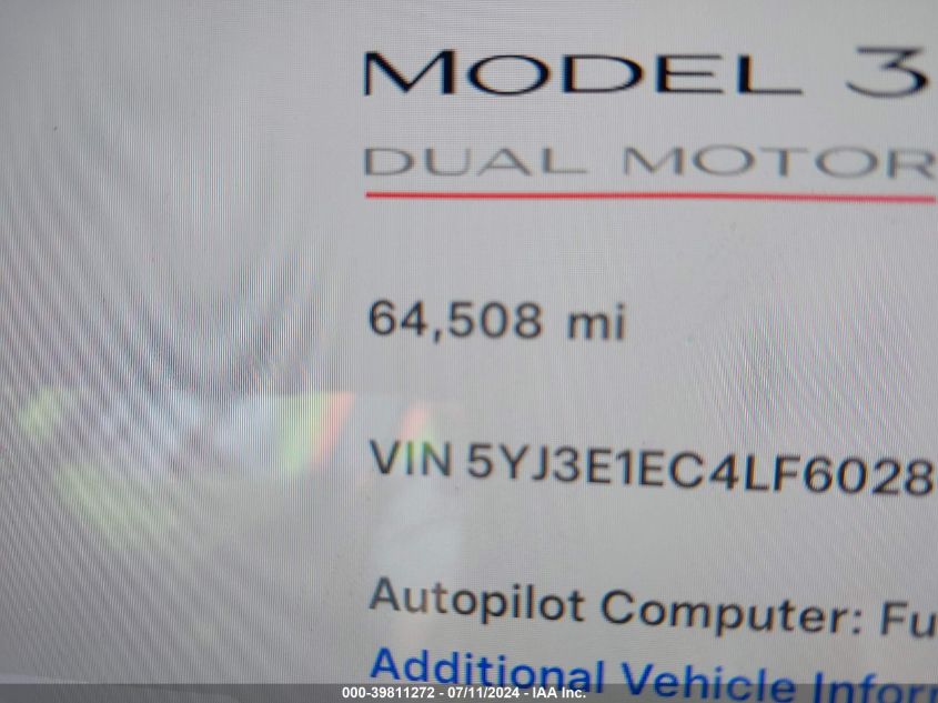 2020 Tesla Model 3 Performance Dual Motor All-Wheel Drive VIN: 5YJ3E1EC4LF602803 Lot: 39811272