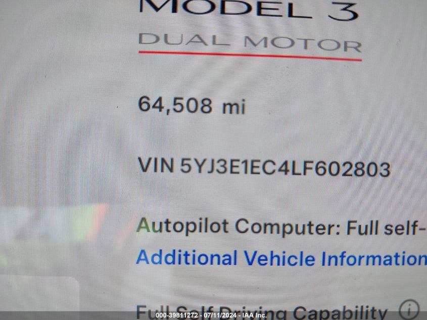 2020 Tesla Model 3 Performance Dual Motor All-Wheel Drive VIN: 5YJ3E1EC4LF602803 Lot: 39811272