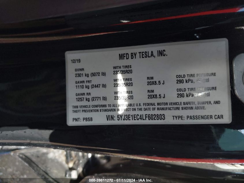 2020 Tesla Model 3 Performance Dual Motor All-Wheel Drive VIN: 5YJ3E1EC4LF602803 Lot: 39811272