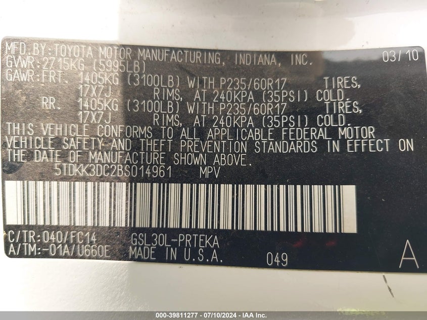 2011 Toyota Sienna Le V6 VIN: 5TDKK3DC2BS014961 Lot: 39811277