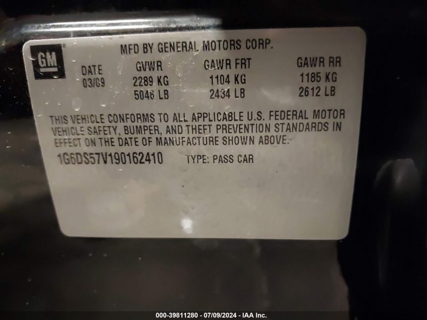 2009 Cadillac Cts Standard VIN: 1G6DS57V190162410 Lot: 39811280