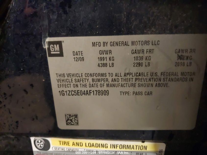 2010 Chevrolet Malibu Lt VIN: 1G1ZC5E04AF178909 Lot: 39811284