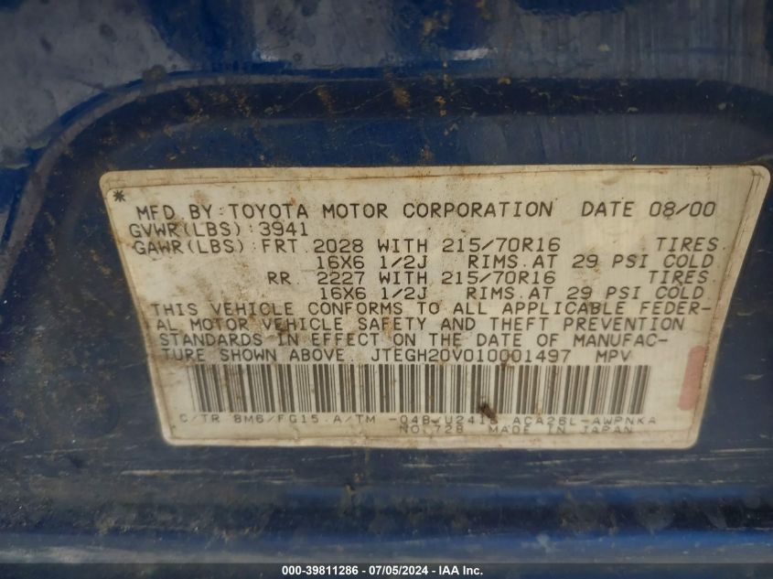 2001 Toyota Rav4 VIN: JTEGH20V010001497 Lot: 39811286