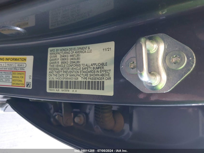 VIN 1HGCV3F95NA001928 2022 HONDA ACCORD HYBRID TOURING