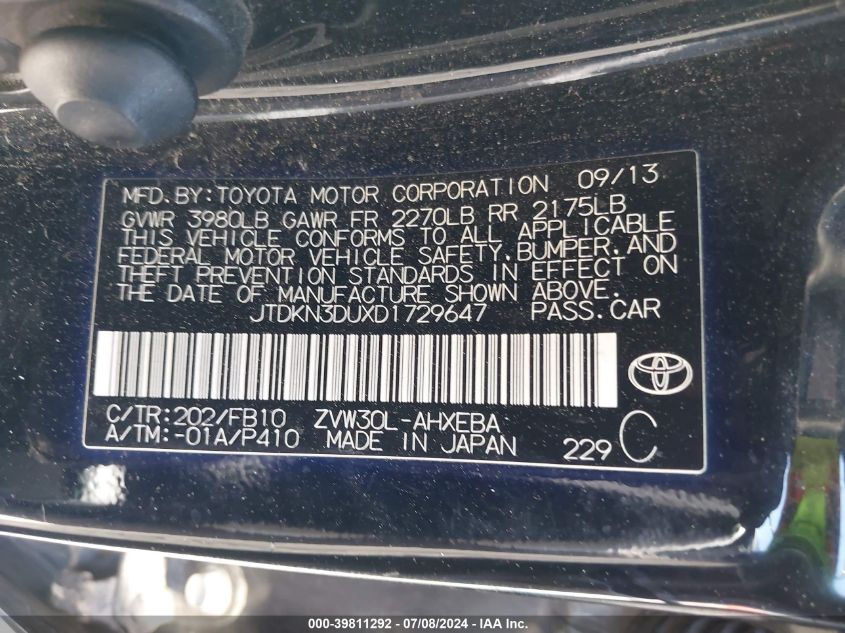 2013 Toyota Prius Two VIN: JTDKN3DUXD1729647 Lot: 39811292