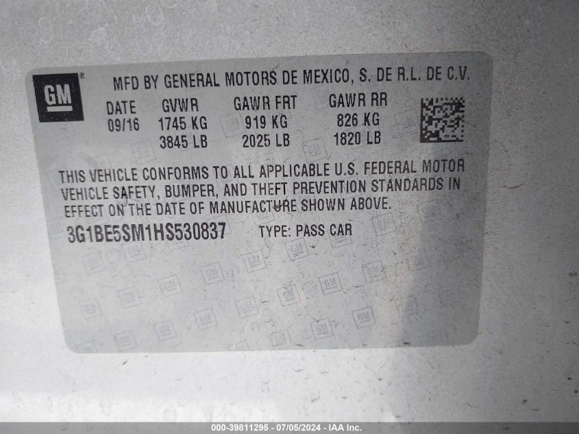 2017 Chevrolet Cruze Lt VIN: 3G1BE5SM1HS530837 Lot: 39811295