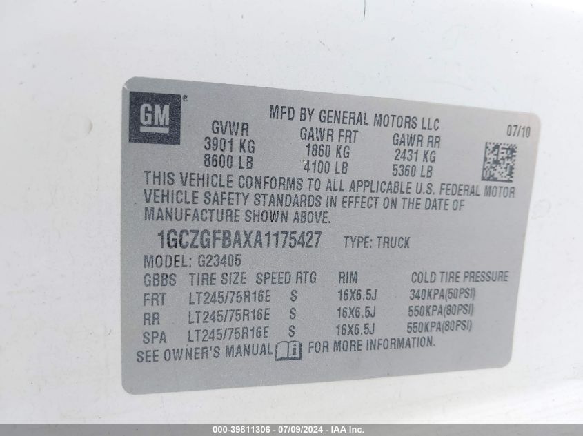 2010 Chevrolet Express 2500 Work Van VIN: 1GCZGFBAXA1175427 Lot: 39811306