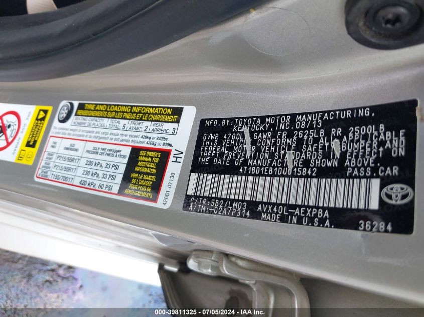 2013 Toyota Avalon Hybrid Limited VIN: 4T1BD1EB1DU015842 Lot: 39811325