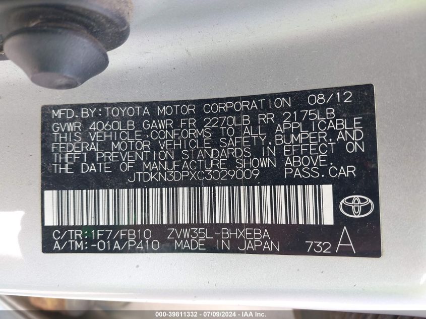 2012 Toyota Prius Plug-In VIN: JTDKN3DPXC3029009 Lot: 39811332