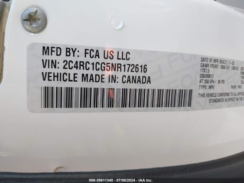 2022 Chrysler Voyager Lx VIN: 2C4RC1CG5NR172616 Lot: 39811340