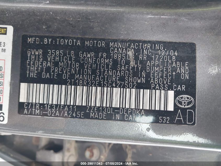 2005 Toyota Corolla Ce VIN: 2T1BR32E15C427502 Lot: 39811343