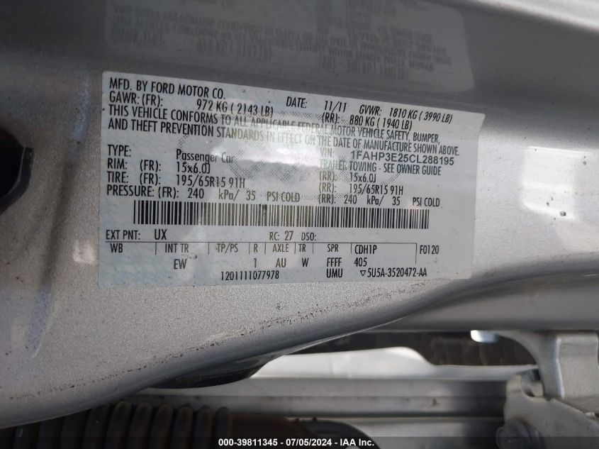 2012 Ford Focus S VIN: 1FAHP3E25CL288195 Lot: 39811345