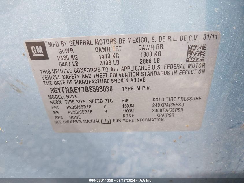 2011 Cadillac Srx Luxury Collection VIN: 3GYFNAEY7BS598030 Lot: 39811358