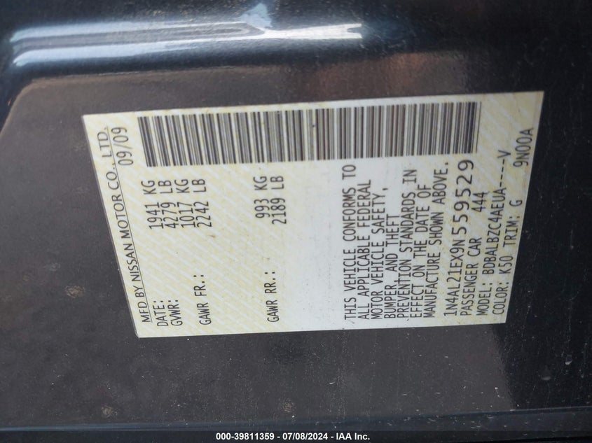 2009 Nissan Altima 2.5/2.5S VIN: 1N4AL21EX9N559529 Lot: 39811359