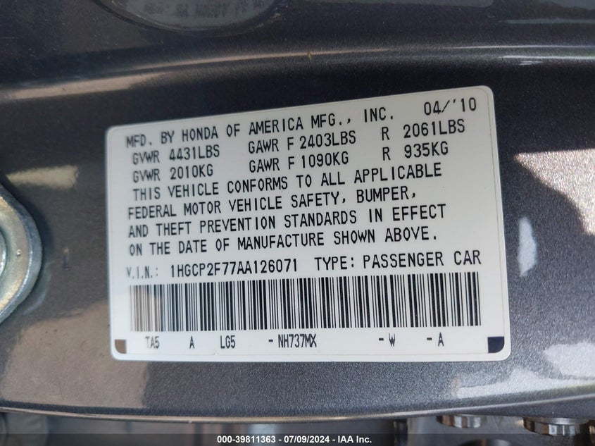 2010 Honda Accord 2.4 Ex VIN: 1HGCP2F77AA126071 Lot: 39811363