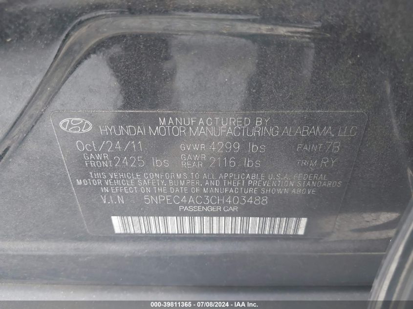 5NPEC4AC3CH403488 2012 Hyundai Sonata Se