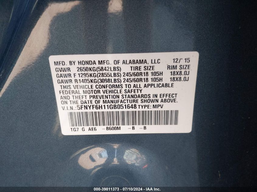 2016 Honda Pilot Lx VIN: 5FNYF6H11GB051648 Lot: 39811373