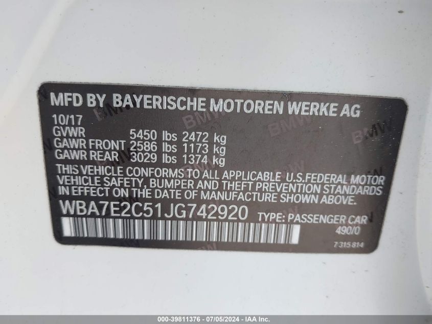 2018 BMW 740I VIN: WBA7E2C51JG742920 Lot: 39811376