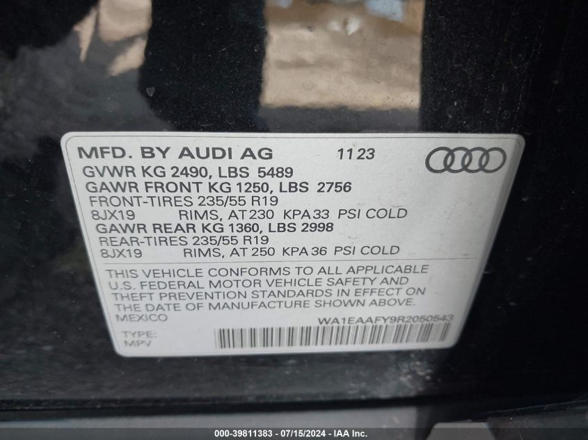 2024 Audi Q5 Premium Plus 45 Tfsi S Line Quattro VIN: WA1EAAFY9R2050543 Lot: 39811383