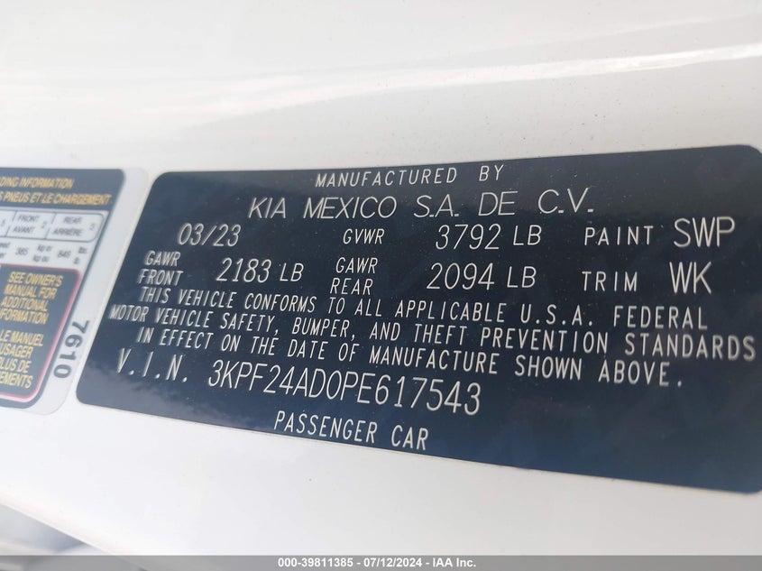 2023 KIA FORTE 2.0L I-4 DOHC, VVT, (VIN: 3KPF24AD0PE617543