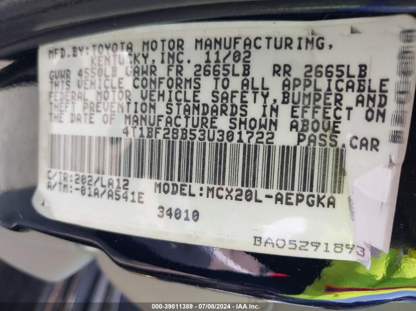 2003 Toyota Avalon Xls VIN: 4T1BF28B53U301722 Lot: 39811389