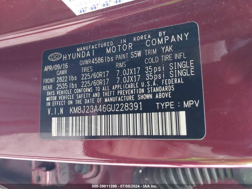2016 Hyundai Tucson Se VIN: KM8J23A46GU228391 Lot: 39811398