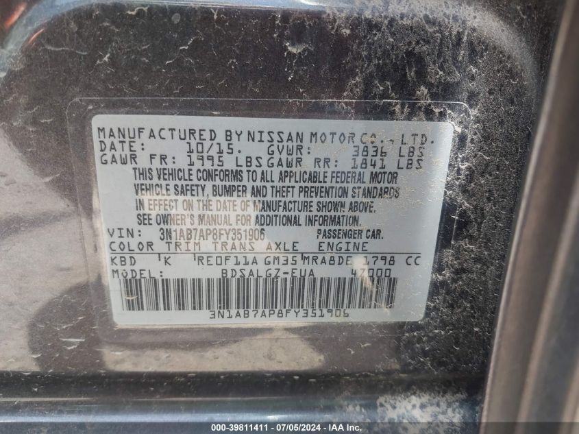 2015 Nissan Sentra Sl VIN: 3N1AB7AP8FY351906 Lot: 39811411