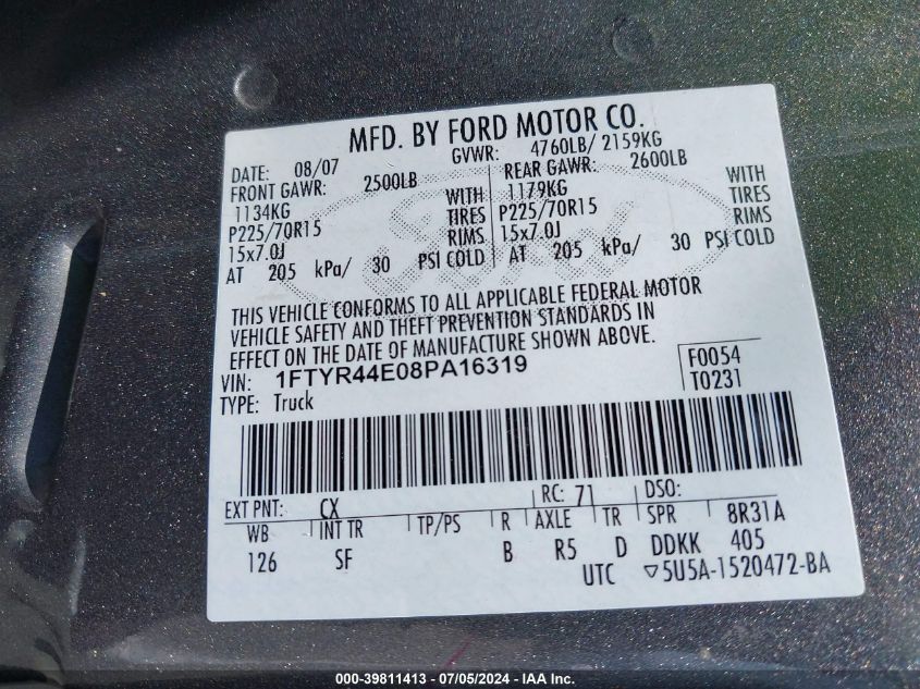 2008 Ford Ranger Sport/Xlt VIN: 1FTYR44E08PA16319 Lot: 39811413