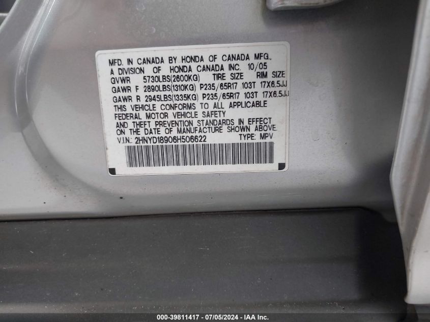 2006 Acura Mdx VIN: 2HNYD18906H506622 Lot: 39811417