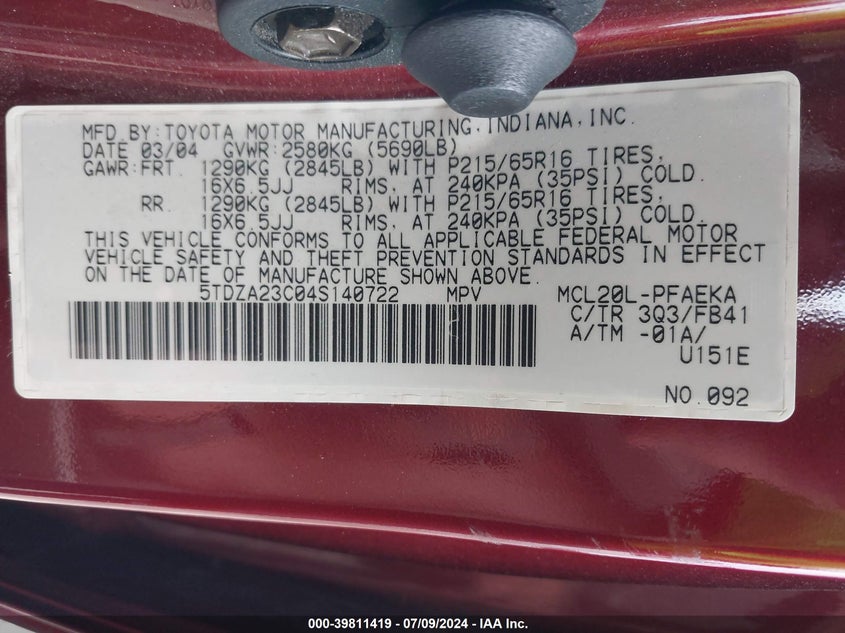 2004 Toyota Sienna Le VIN: 5TDZA23C04S140722 Lot: 39811419