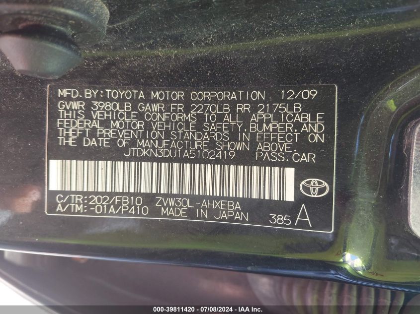 2010 Toyota Prius VIN: JTDKN3DU1A5102419 Lot: 39811420