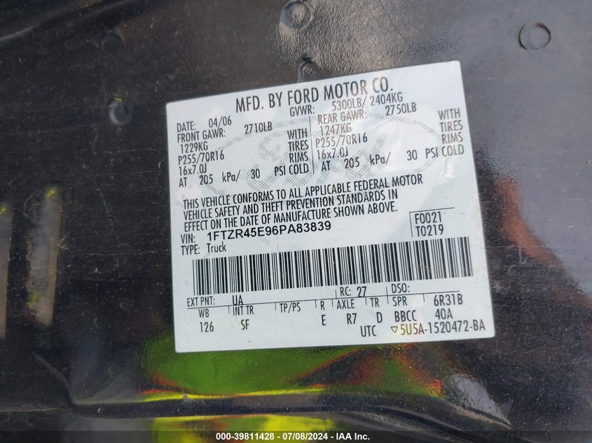 2006 Ford Ranger Super Cab VIN: 1FTZR45E96PA83839 Lot: 39811428