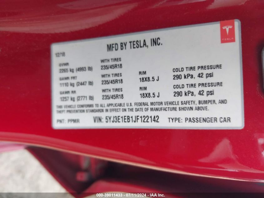 2018 Tesla Model 3 Long Range/Performance VIN: 5YJ3E1EB1JF122142 Lot: 39811433