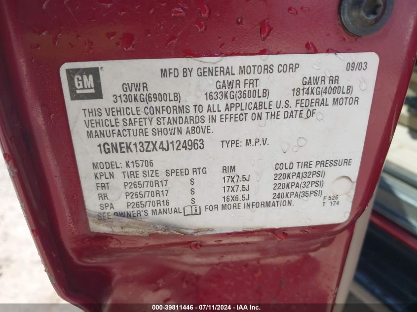 2004 Chevrolet Tahoe Lt VIN: 1GNEK13ZX4J124963 Lot: 39811446